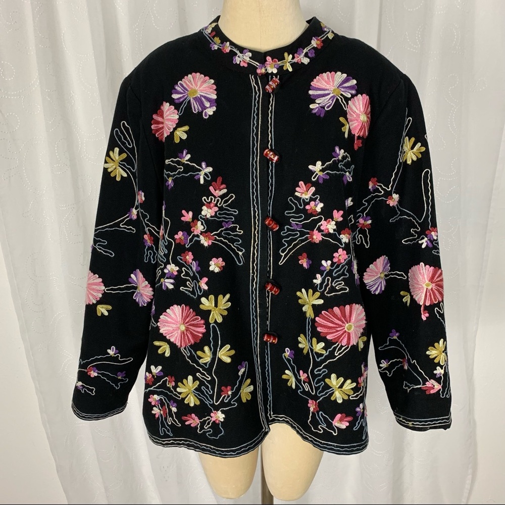 Julia Kim black with floral embroidered jacket